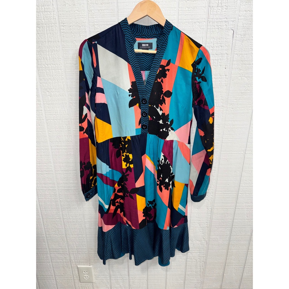 Maeve Anthropologie Mini Dress Womens XS Multicolor Geometric Floral Long Sleeve